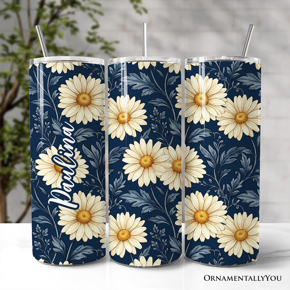 Navy blue travel tumbler featuring vintage daisy floral pattern with stainless steel straw