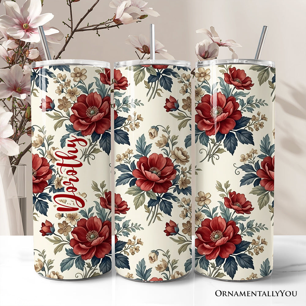 20oz stainless steel travel tumbler with vintage red poppy floral design, includes lid and metal straw.