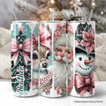 20oz Coquette Pink Christmas tumbler with vintage Santa, reindeer, and tree print, including lid and stainless steel straw.