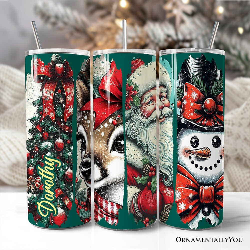 20oz green brushstroke Christmas tumbler with Santa, reindeer, and snowman designs