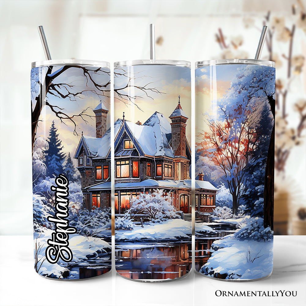 Watercolor Snowy Victorian Mansion 20oz Stainless Steel Tumbler