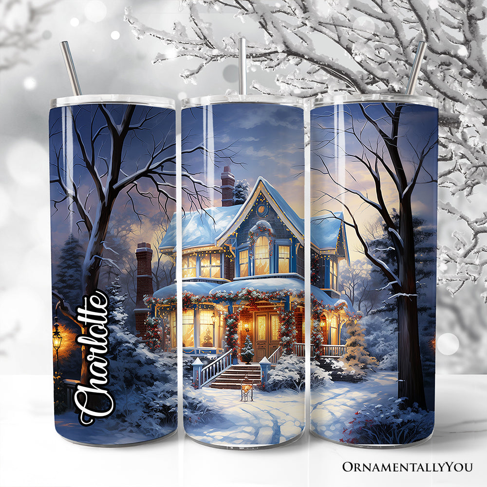 Watercolor Winter Christmas House 20oz Stainless Steel Tumbler