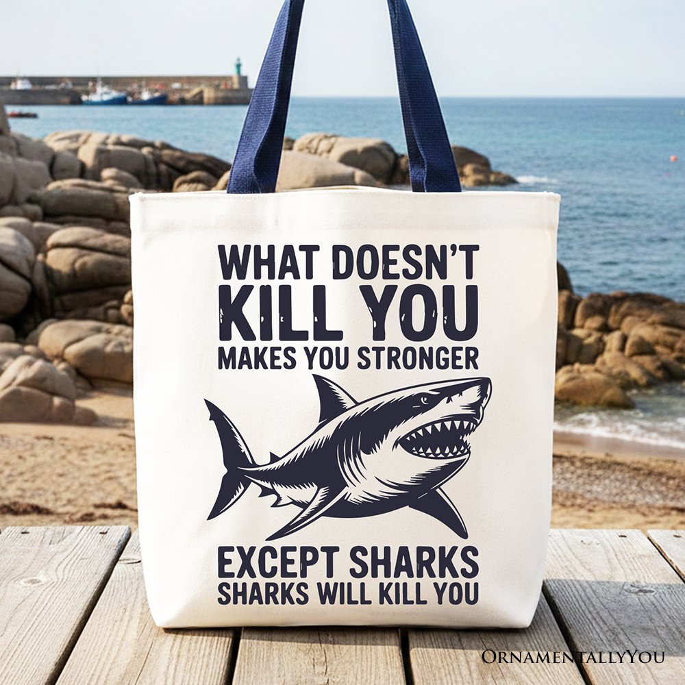 Off-white and navy blue canvas tote bag with sarcastic shark quote.