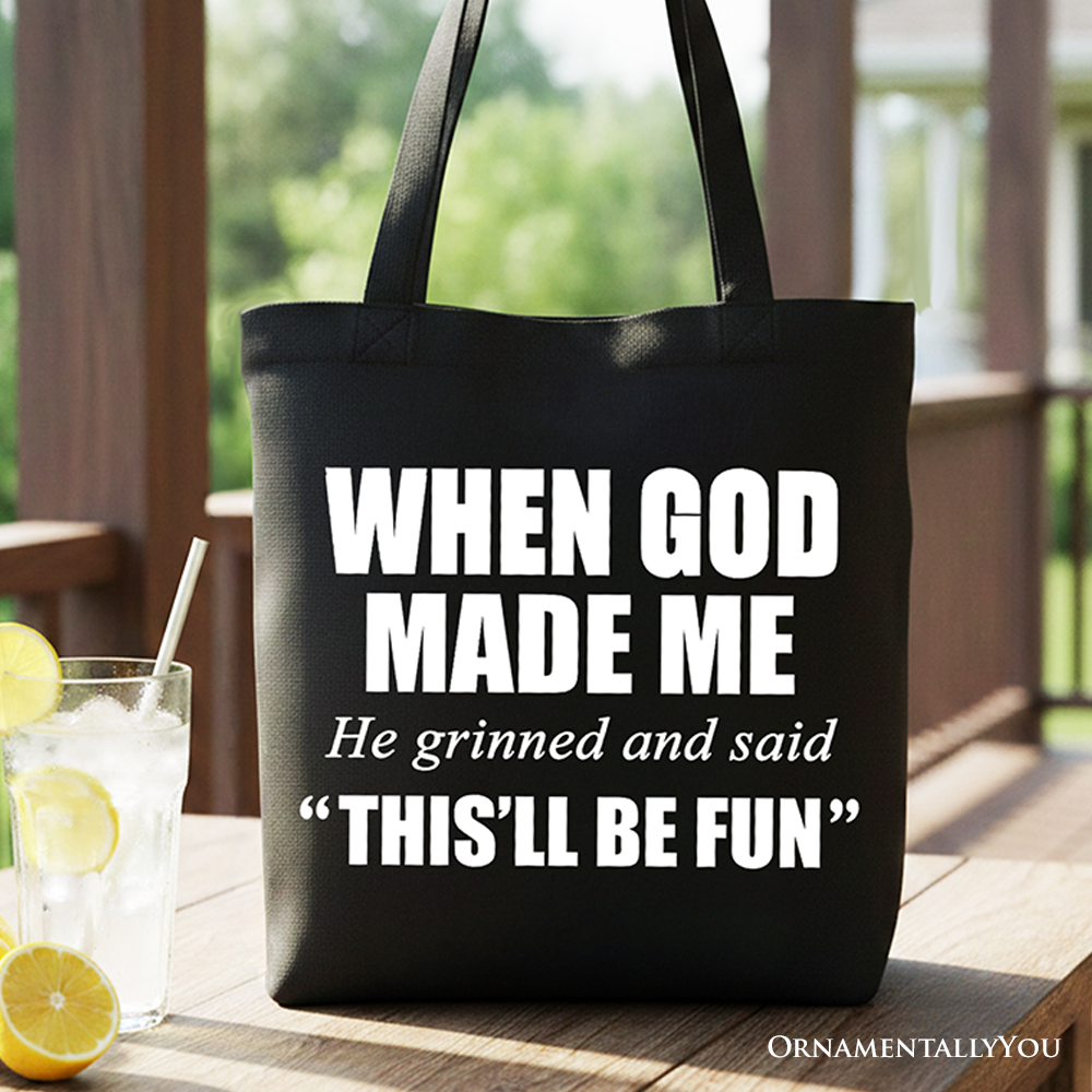 Minimalist black and white cotton tote bag with When God Made Me faith quote print