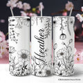 White and black wild flower patterned 20oz stainless steel travel mug with lid and straw