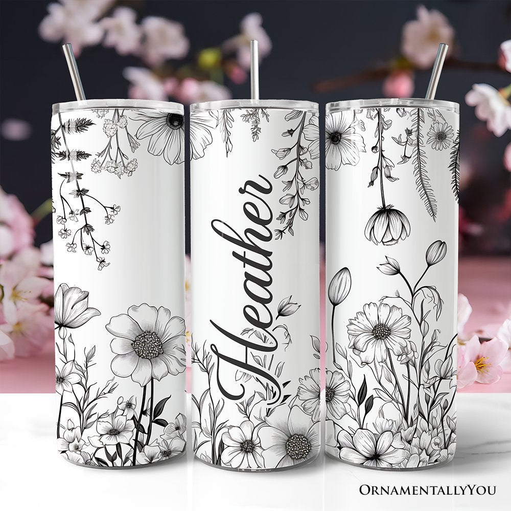White and black wild flower patterned 20oz stainless steel travel mug with lid and straw