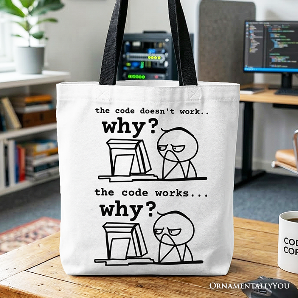 Monochromatic white and black Why Does The Code Work canvas tote bag for programmers