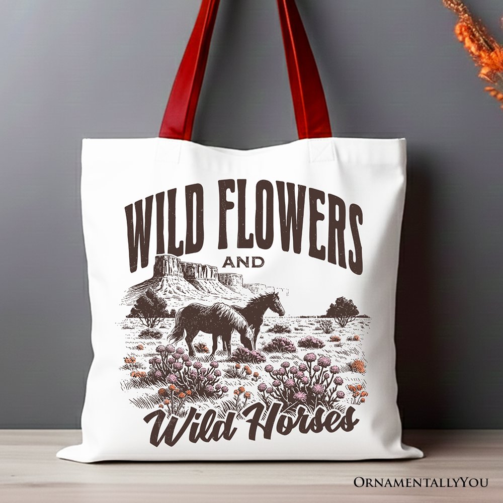 Canvas tote bag with Western-style Wild Flowers and Wild Horses print