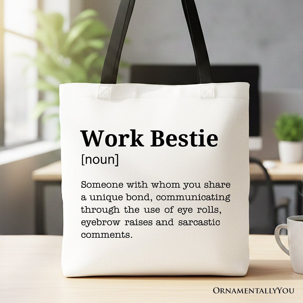 Work Bestie Definition canvas tote bag in white and black cotton