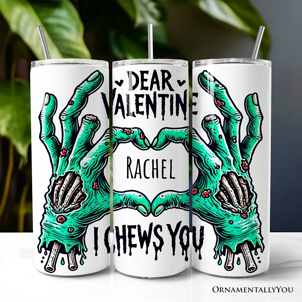 20oz white stainless steel travel tumbler with green and black Zombie Valentine I Chews You graphic