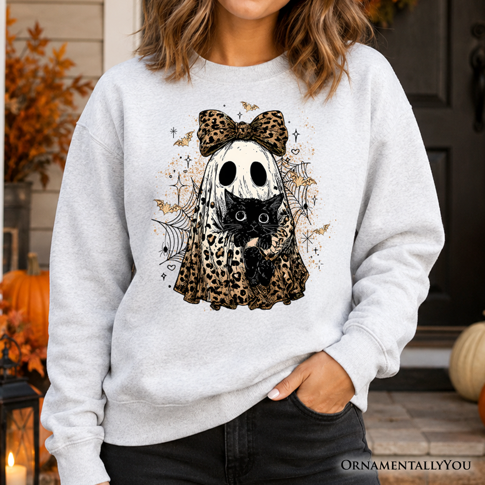Leopard Bow Ghost with Black Cat Sweatshirt, Spooky Halloween Spider Web Sweater