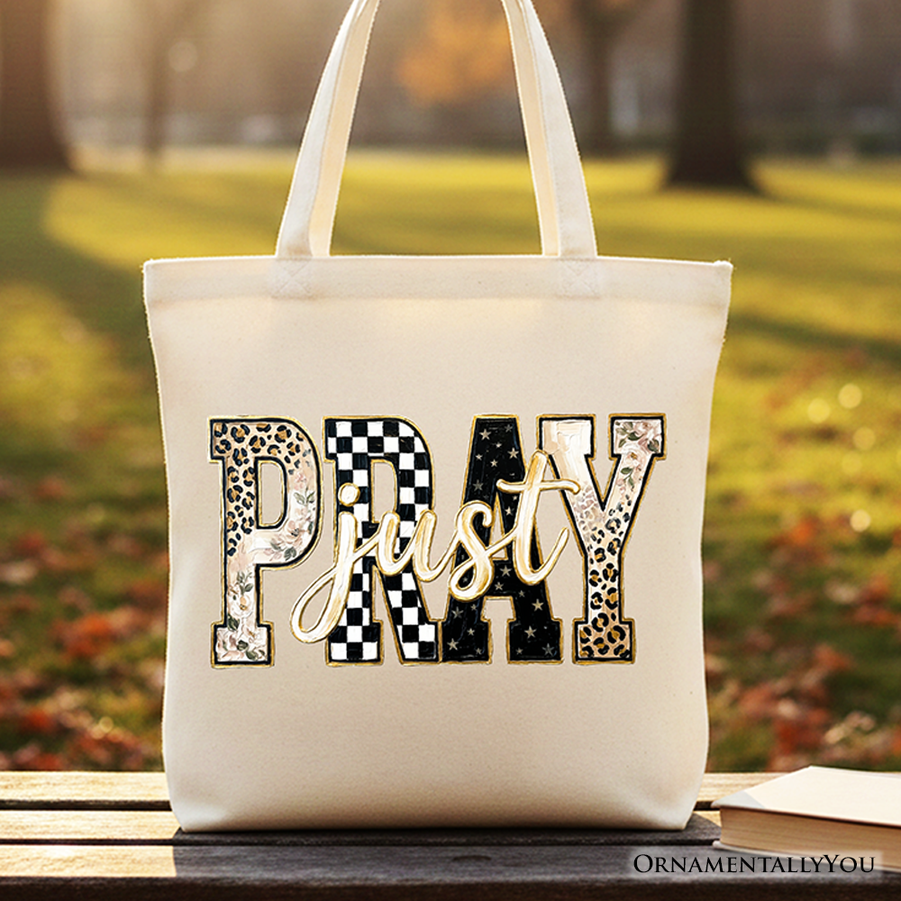 Just Pray Christian varsity tote bag with retro leopard and checkered print