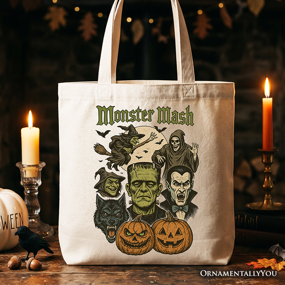 Monster Mash graphic cream canvas tote bag for Halloween shopping