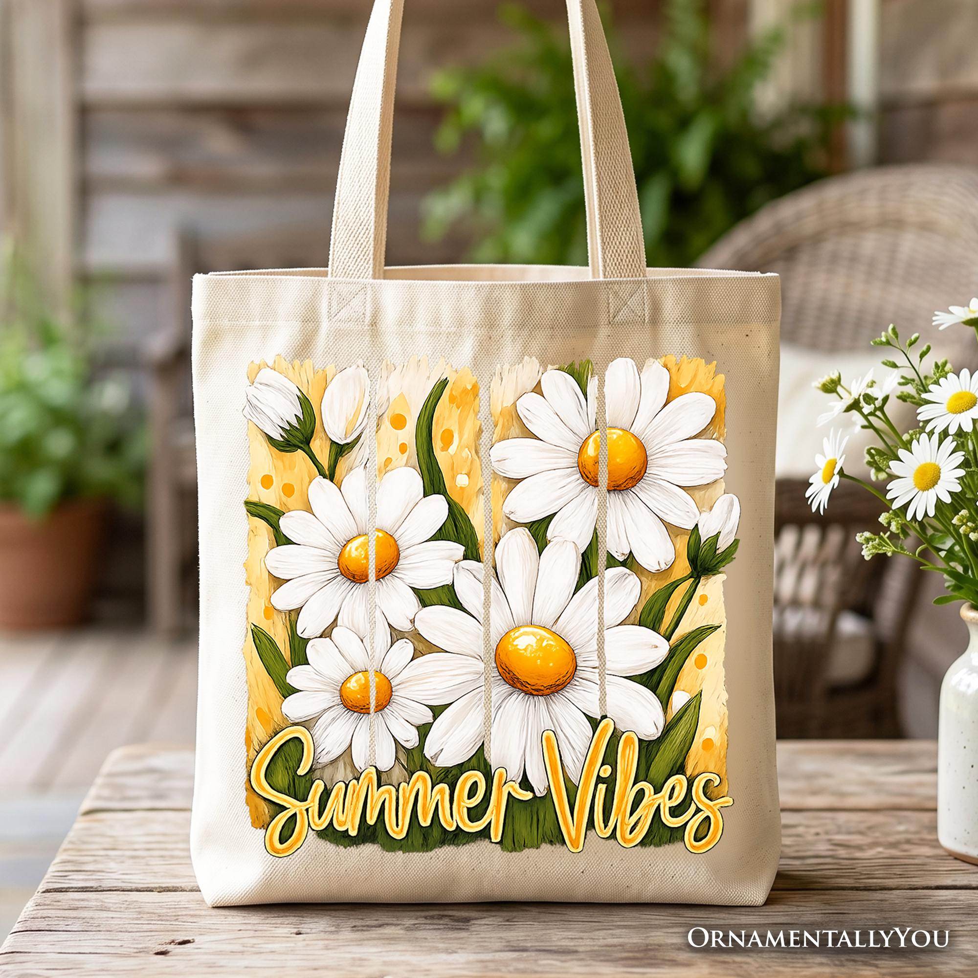 Off-white canvas tote bag with yellow and white daisy brushstroke floral pattern.