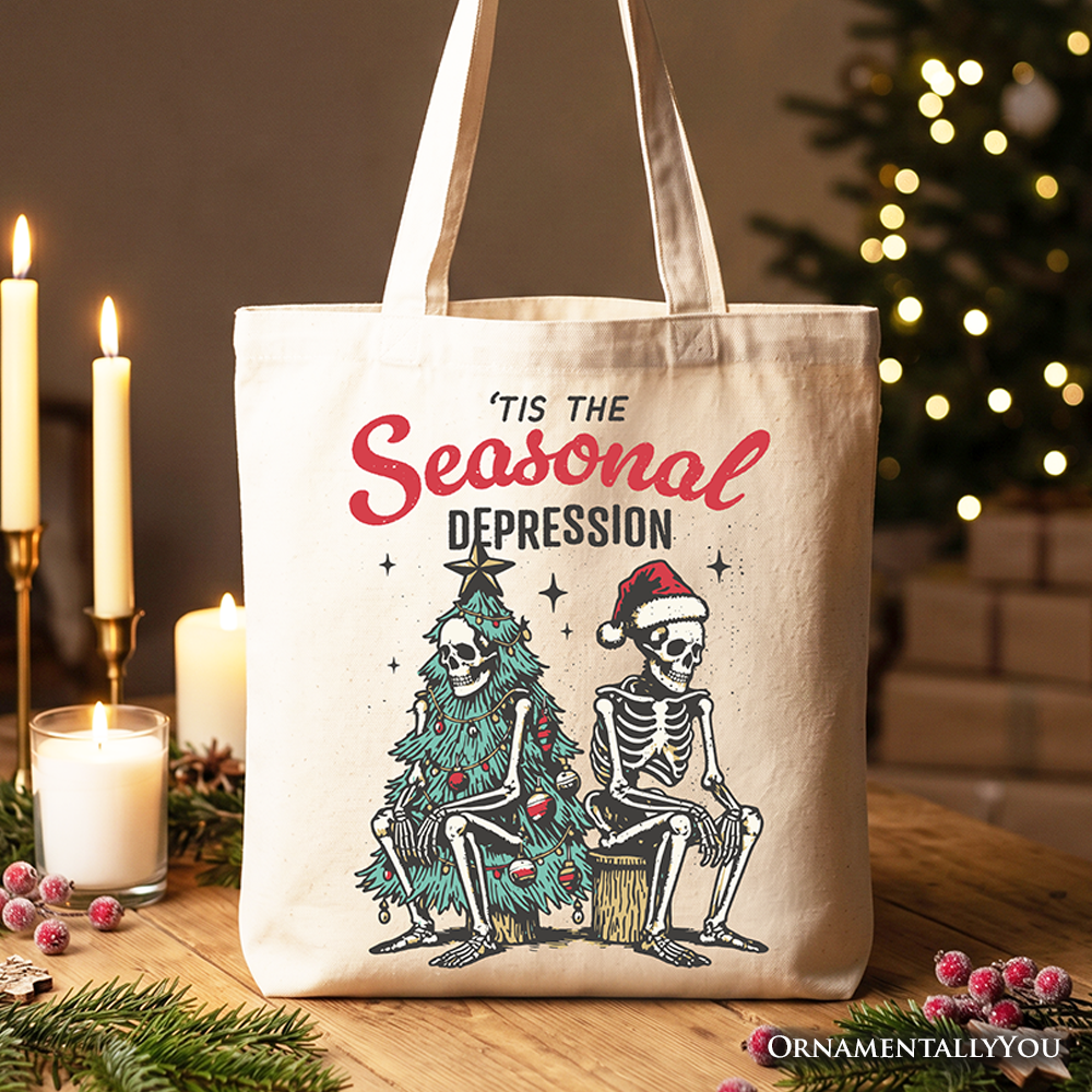 Tis the Seasonal Depression funny dark humor Christmas graphic on a canvas tote bag