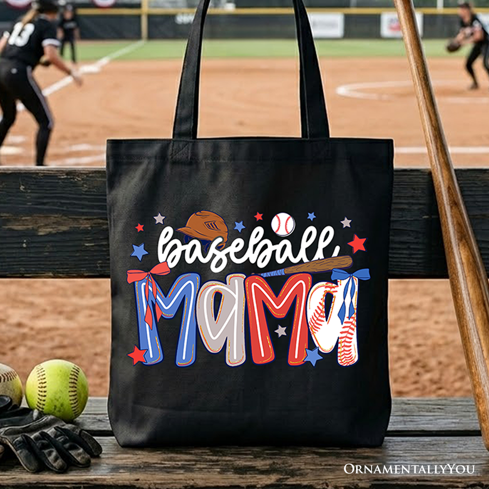 Black and white Baseball Mama tote bag with preppy bow design, 15x16 inch canvas shopper