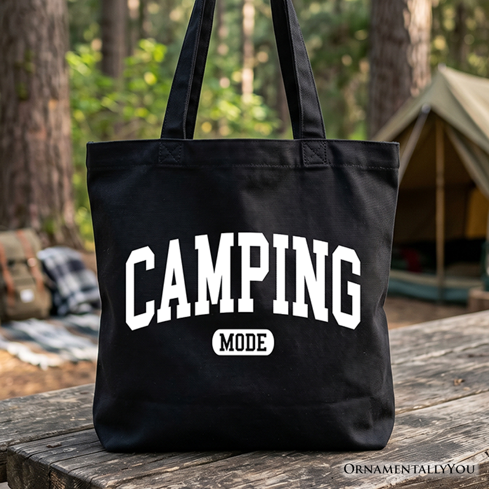 Camping Mode varsity graphic canvas tote bag in black and white