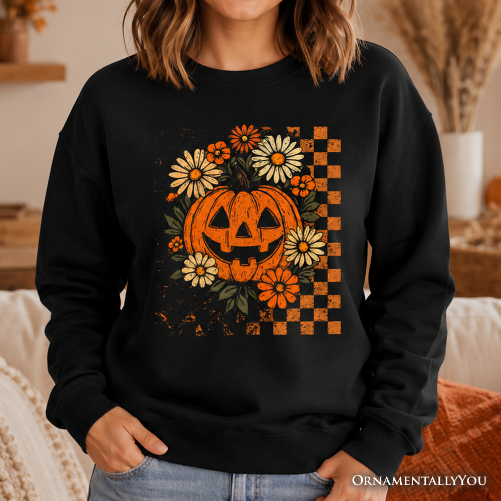 Checkered Floral Pumpkin Sweatshirt, Retro Preppy Halloween Sweater for Spooky Season Vibes