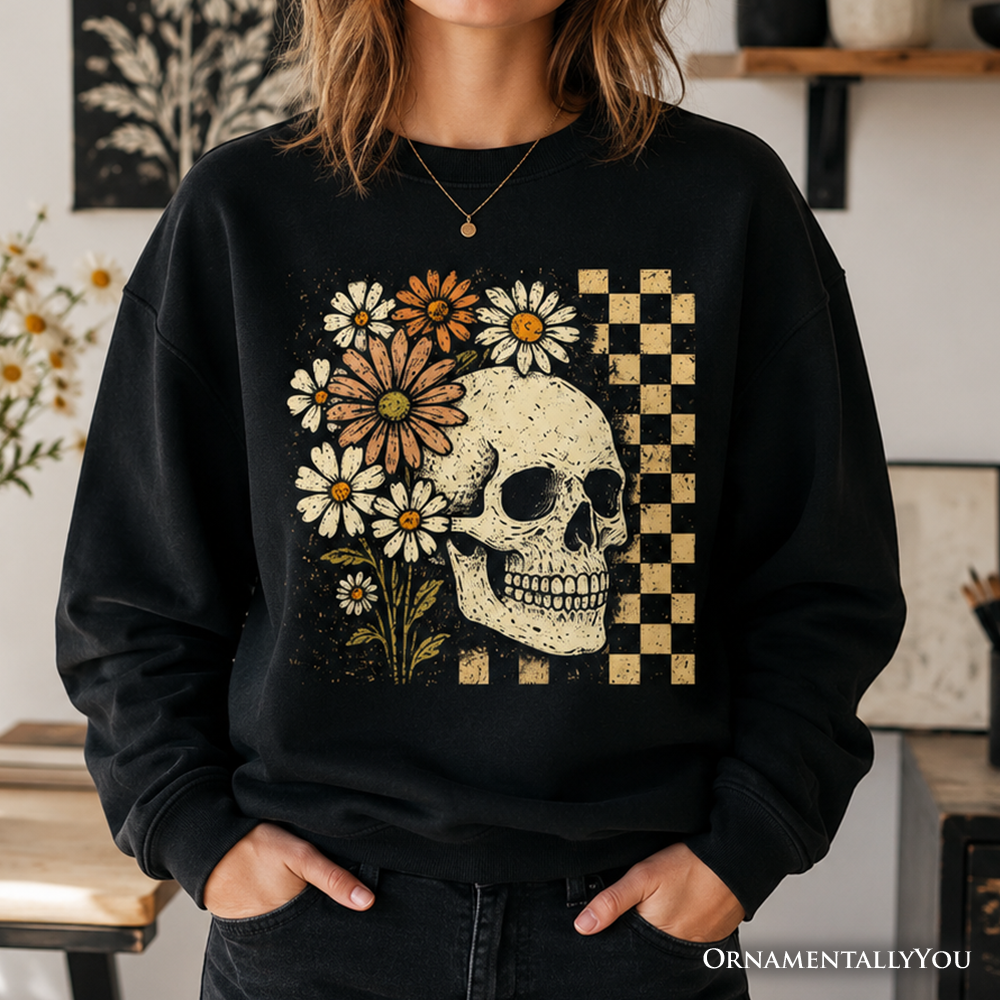 Checkered Floral Skeleton Sweatshirt, Vintage Skull Daisy Halloween Sweater