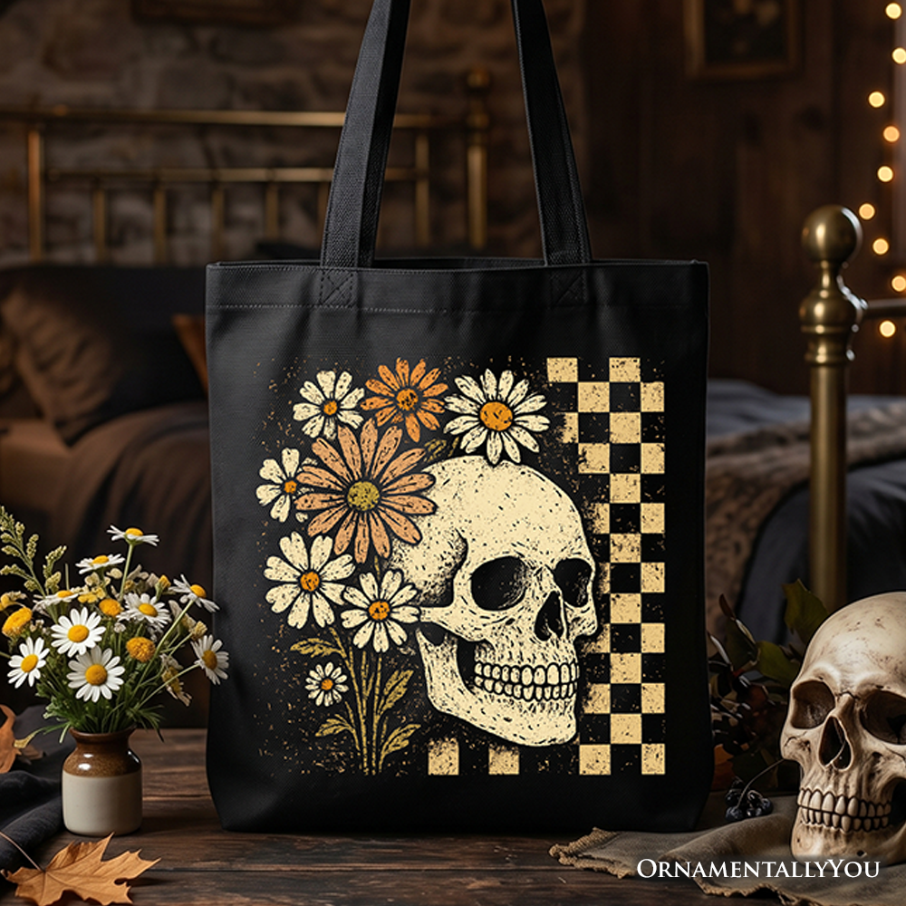 Checkered floral skeleton graphic on a durable cotton canvas tote bag with vintage daisy details.