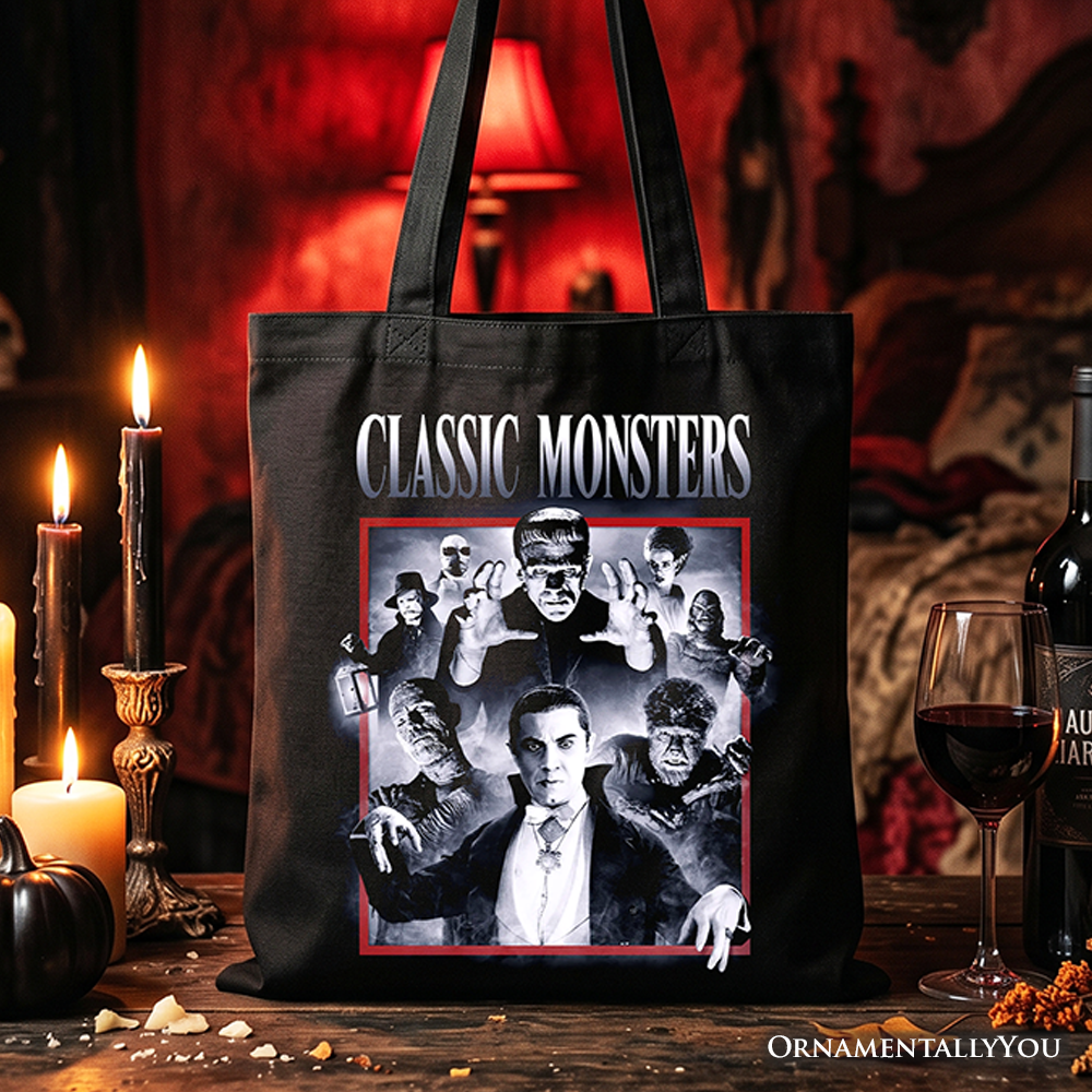Black and white classic monster graphic tote bag with a retro horror design.