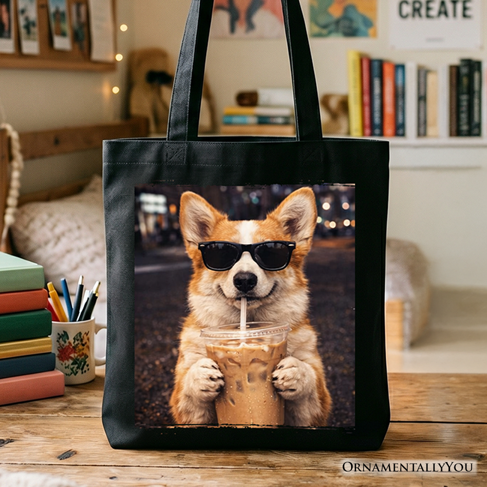 Corgi iced coffee graphic cotton tote bag for dog parents