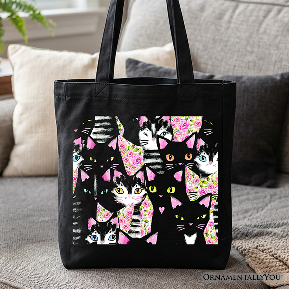 A black and pink floral tote bag featuring a collage of cute kittens, perfect for cat lovers.