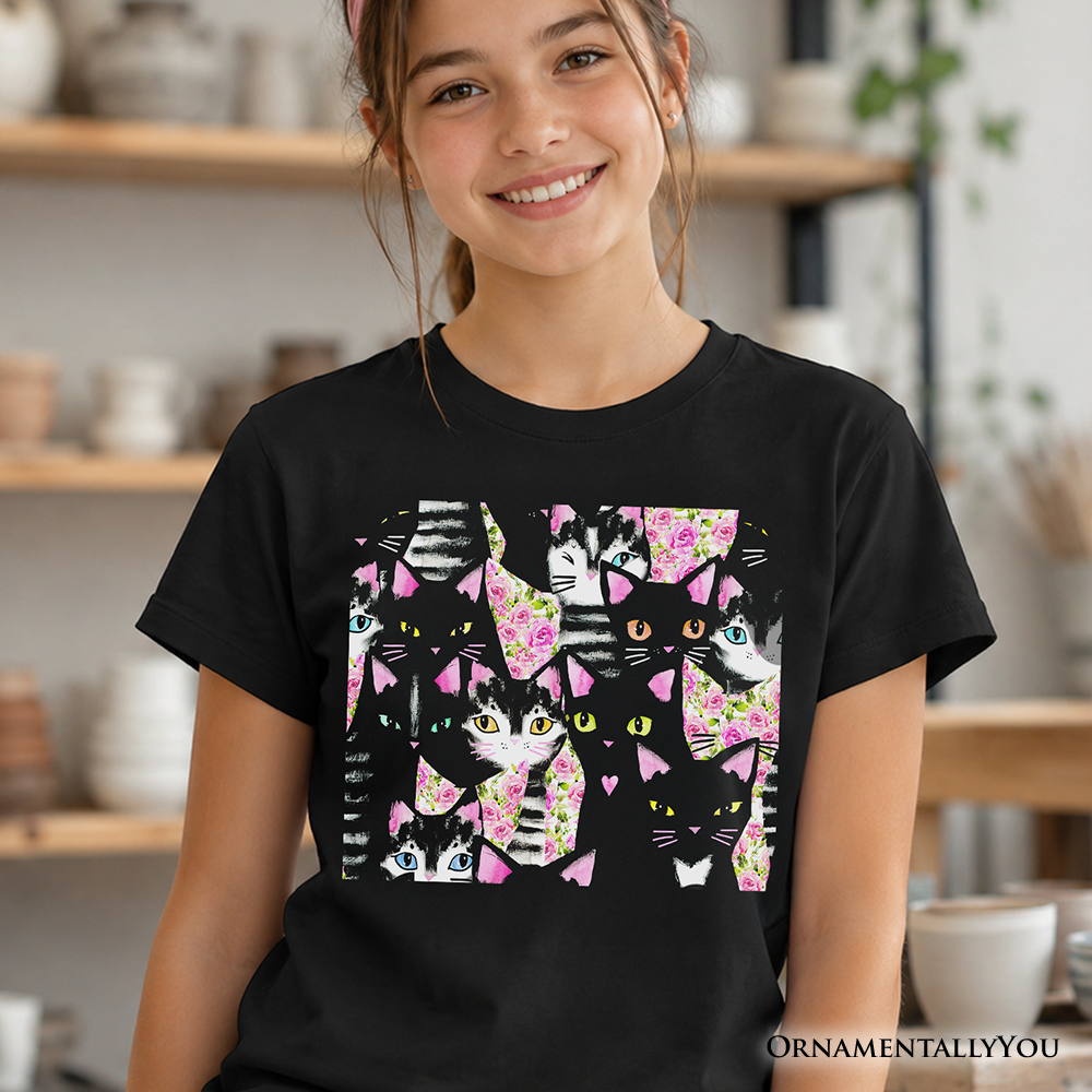 Black, pink, and white girls t-shirt with floral kitten collage pattern