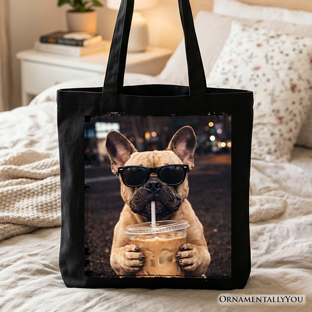Black cotton tote bag with French Bulldog and iced coffee illustration