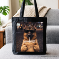 Black cotton canvas tote bag with a German Shepherd and coffee graphic
