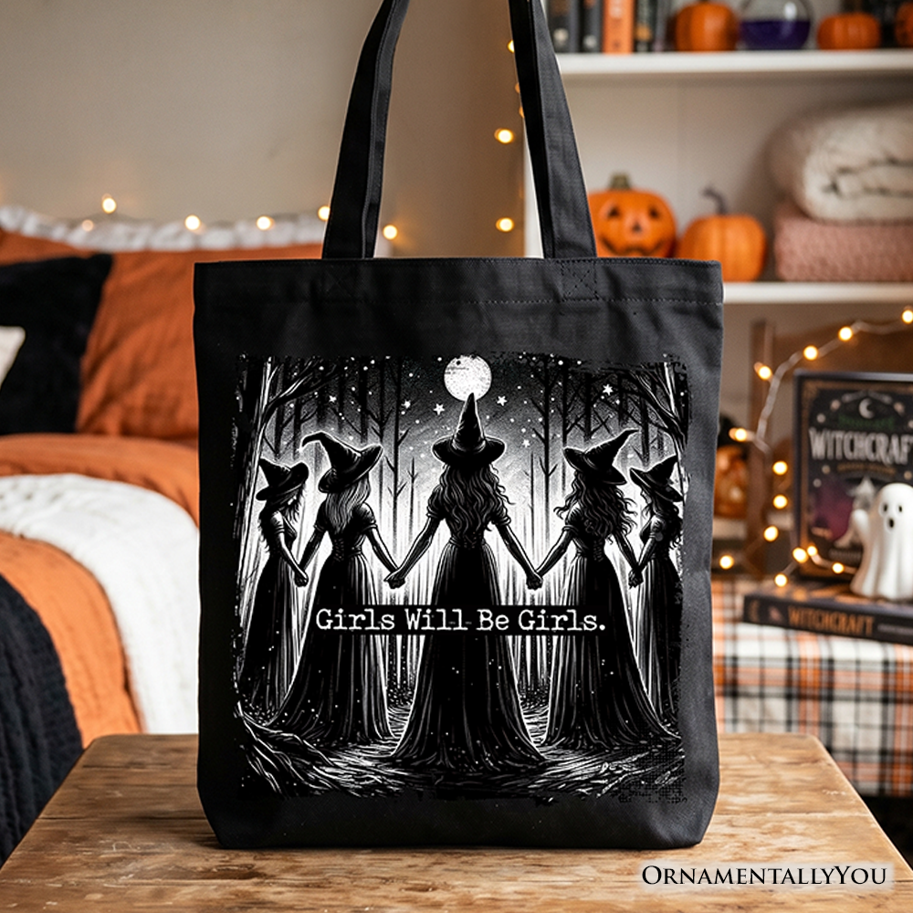 Durable canvas tote bag featuring an empowering dual-sided witch coven graphic