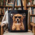 Golden Retriever iced coffee design on a brown and black cotton tote bag