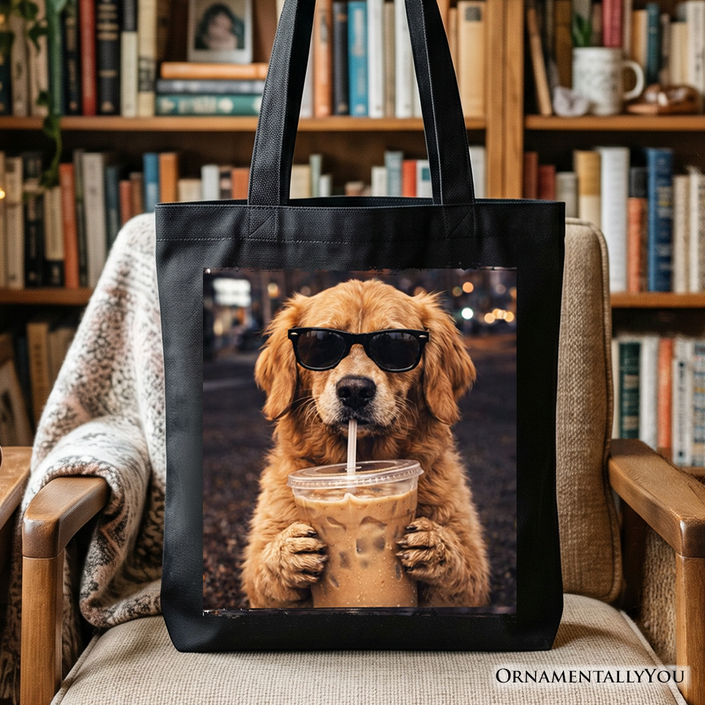 Golden Retriever iced coffee design on a brown and black cotton tote bag