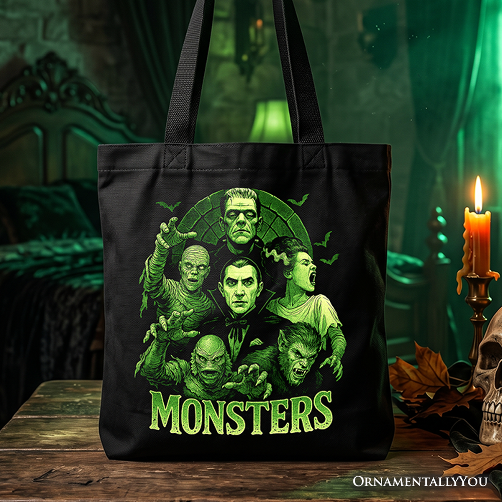 Green retro monster graphic tote bag with a vintage horror cinema aesthetic.