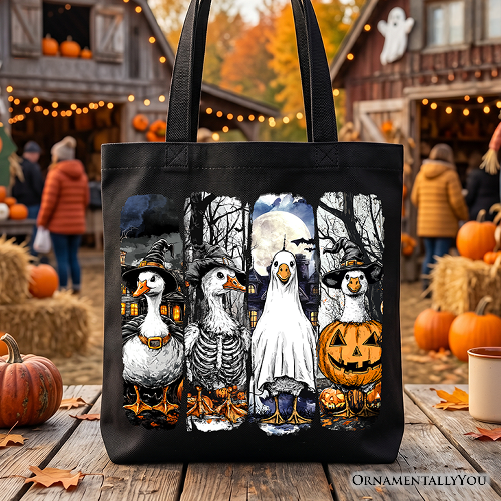 A canvas tote bag featuring an adorable goose in a Halloween costume.