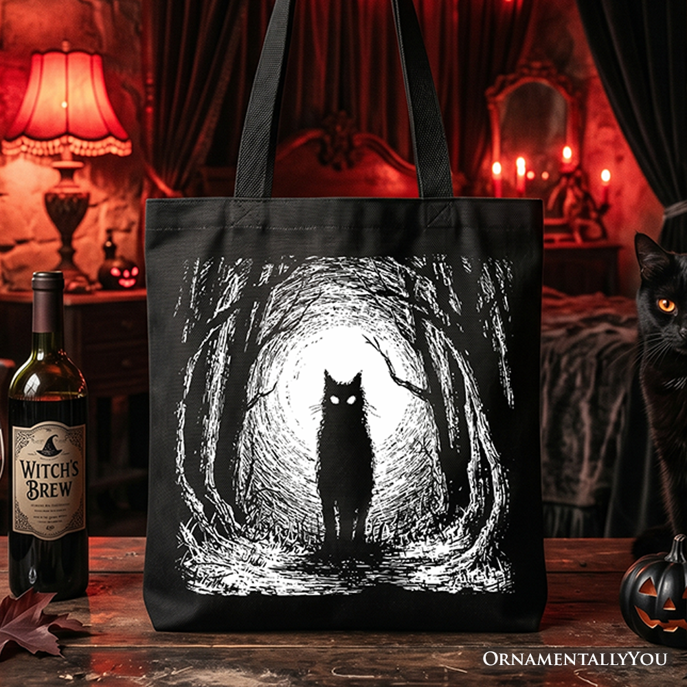 Spooky haunted forest black cat tote bag with an atmospheric Halloween graphic design.