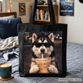 Husky iced coffee graphic tote bag, black and multi-colored design