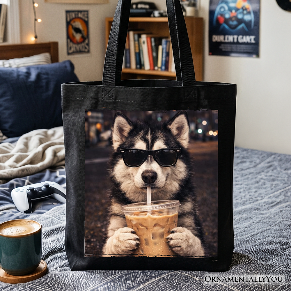 Husky iced coffee graphic tote bag, black and multi-colored design