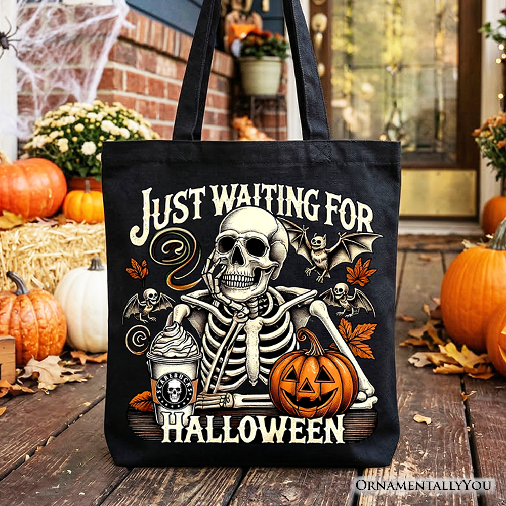 Spooky skeleton Just Waiting for Halloween graphic on a durable canvas tote bag