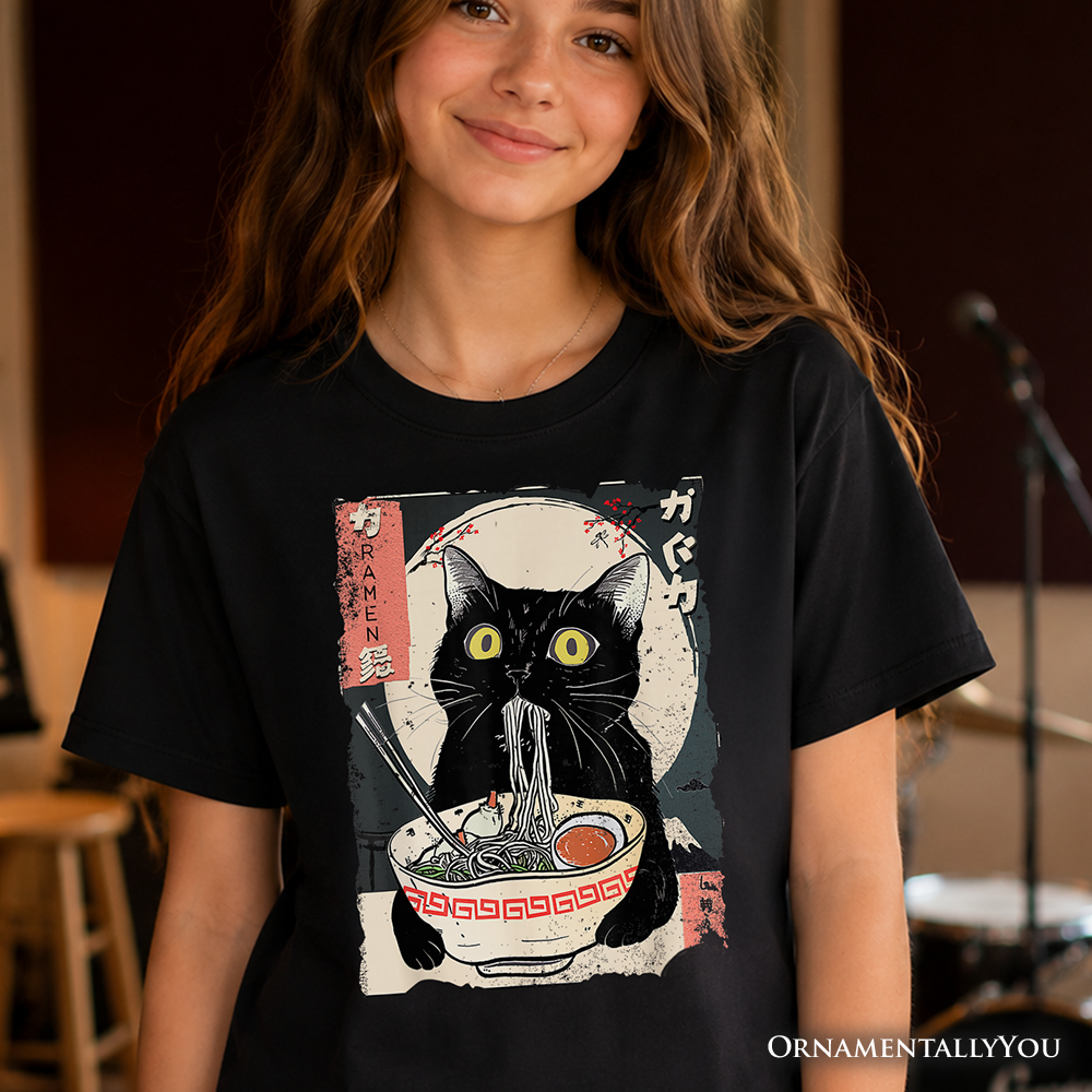Kawaii anime cat eating ramen graphic on a kids t-shirt