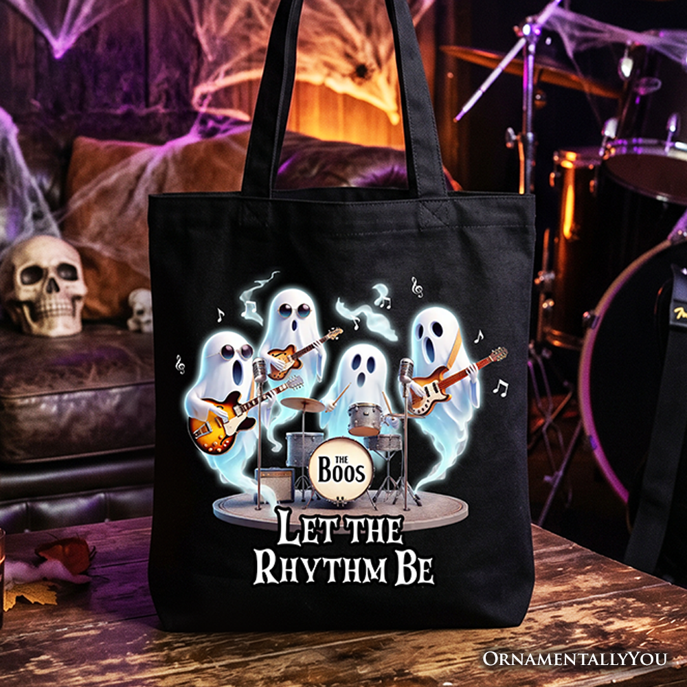 Black and white Ghost Band music-themed canvas tote bag