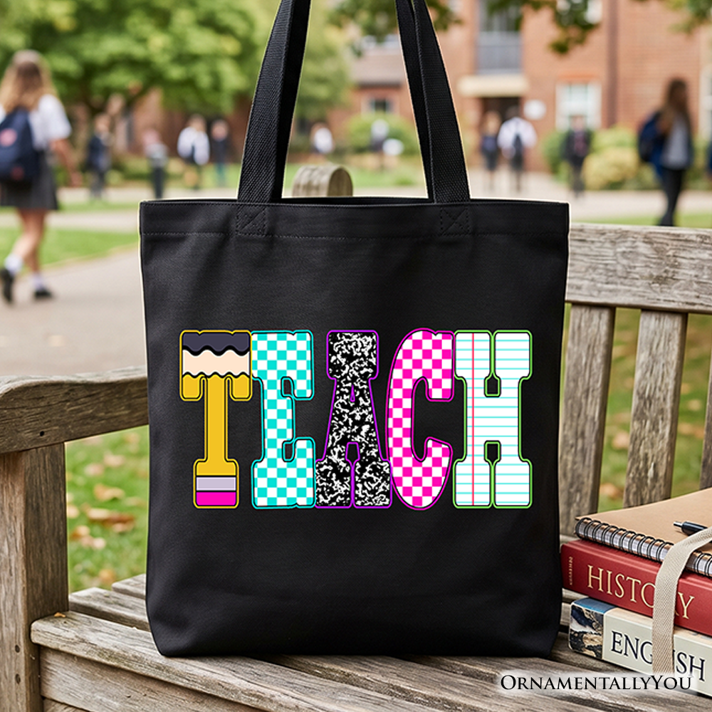 Neon checkered retro teacher graphic on a durable canvas tote bag