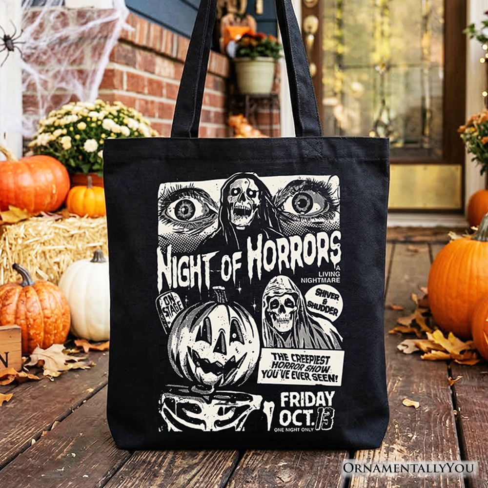 Vintage horror movie poster graphic on a durable canvas tote bag, perfect for spooky season