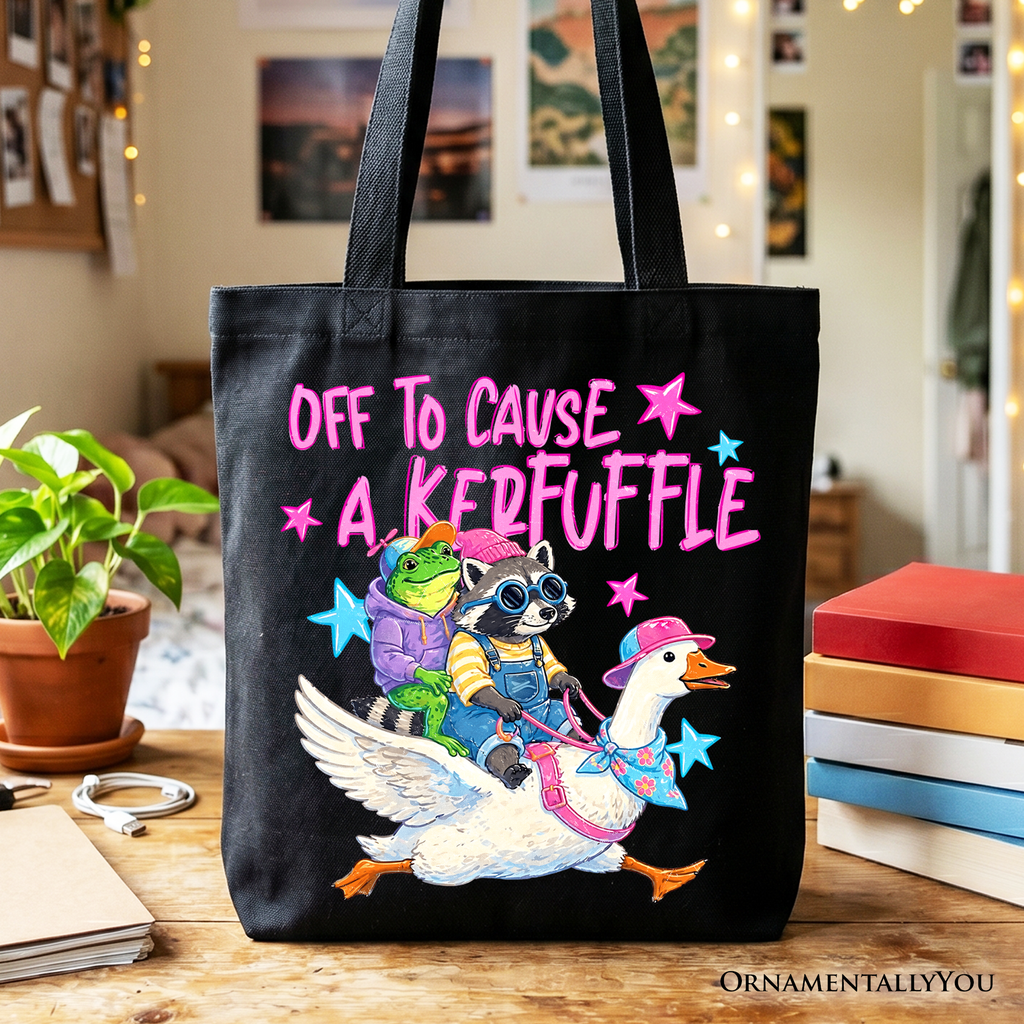Off To Cause A Kerfuffle graphic tote bag featuring a frog, raccoon, and goose on cotton canvas.