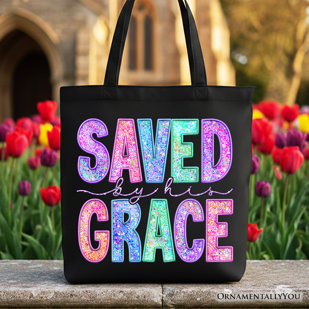 Saved By His Grace black and multicolor faux sequin print cotton tote bag
