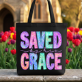 Saved By His Grace black and multicolor faux sequin print cotton tote bag