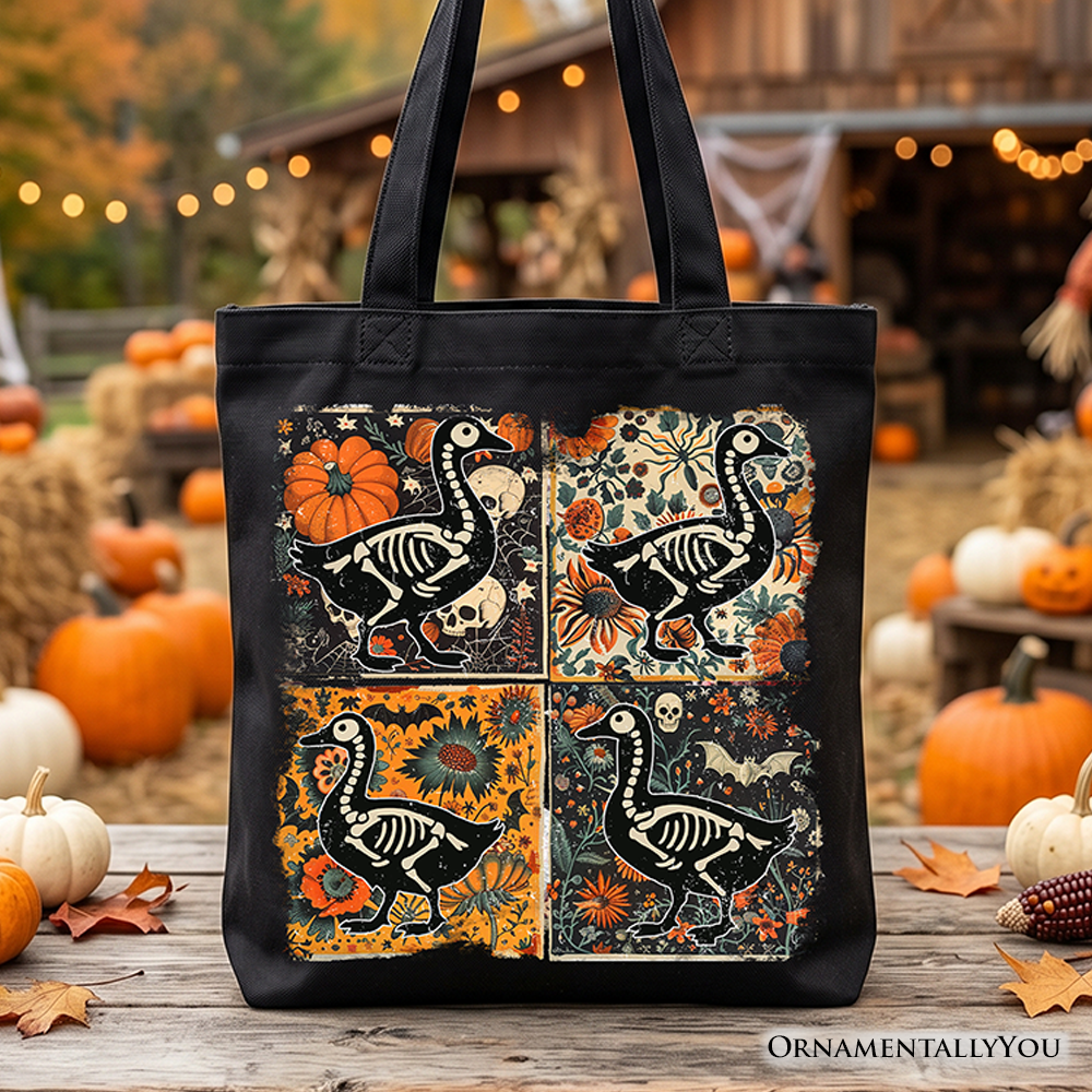 Skeleton goose patchwork tote bag with floral design, perfect for Halloween shopping