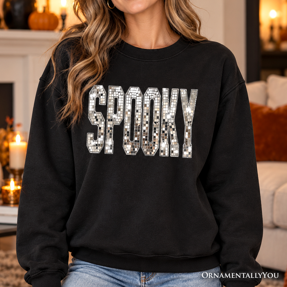 Spooky Faux Mirrored Letter Halloween Sweatshirt, Disco Sparkle Sweater