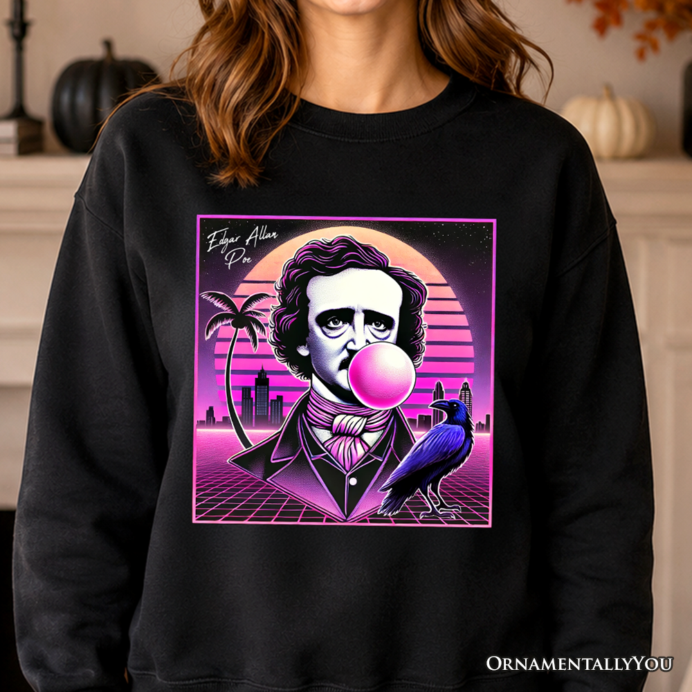 Synthwave 80's Styled Edgar Allan Poe Horror Sweatshirt, Vaperwave Classic Retro Neon Halloween Sweater