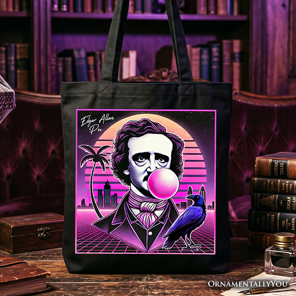 Synthwave 80s style Edgar Allan Poe graphic on a durable canvas tote bag